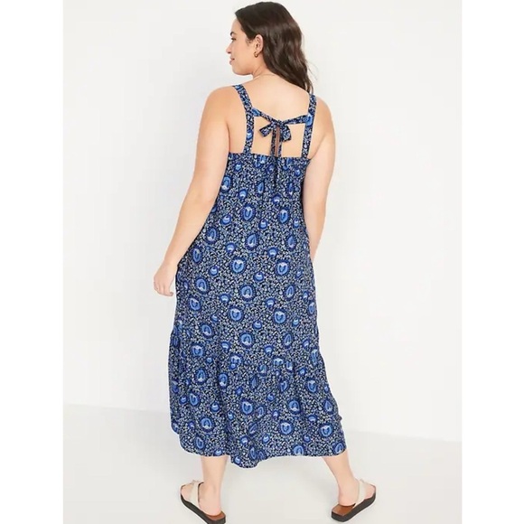 Old Navy Sleeveless Tie-Back Cutout Maxi Swing Dress Dark Sea Blue Print - Picture 2 of 14